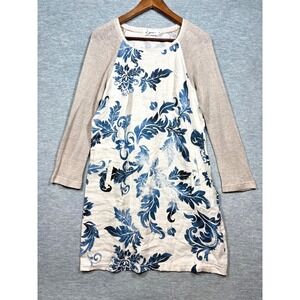 iLinen Dress S 100% Linen Floral Print Long Sleeve Tunic  Blue Floral Natural